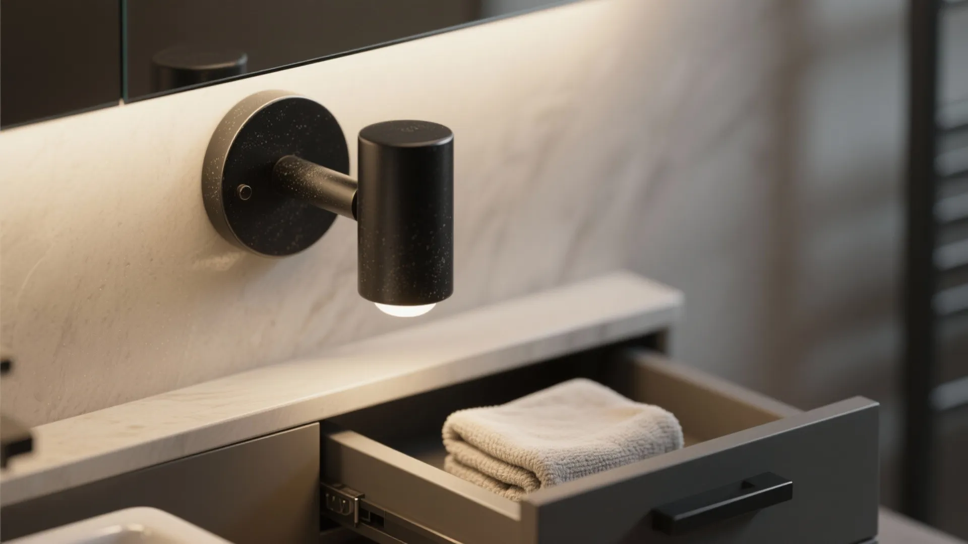 1. Matte black sconce over a floating vanity