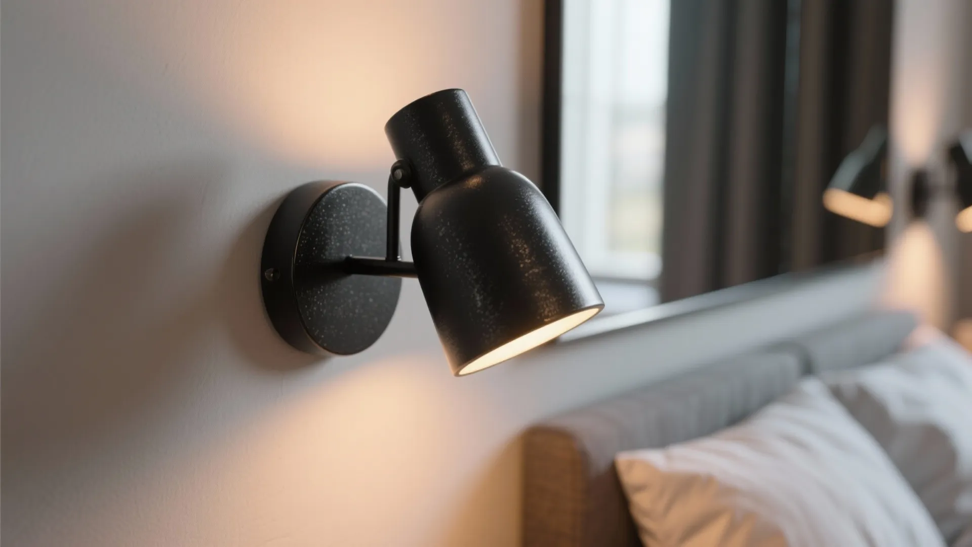 Close-up of a matte black sconce by a mirror casting flattering warm light and showing subtle matte texture.