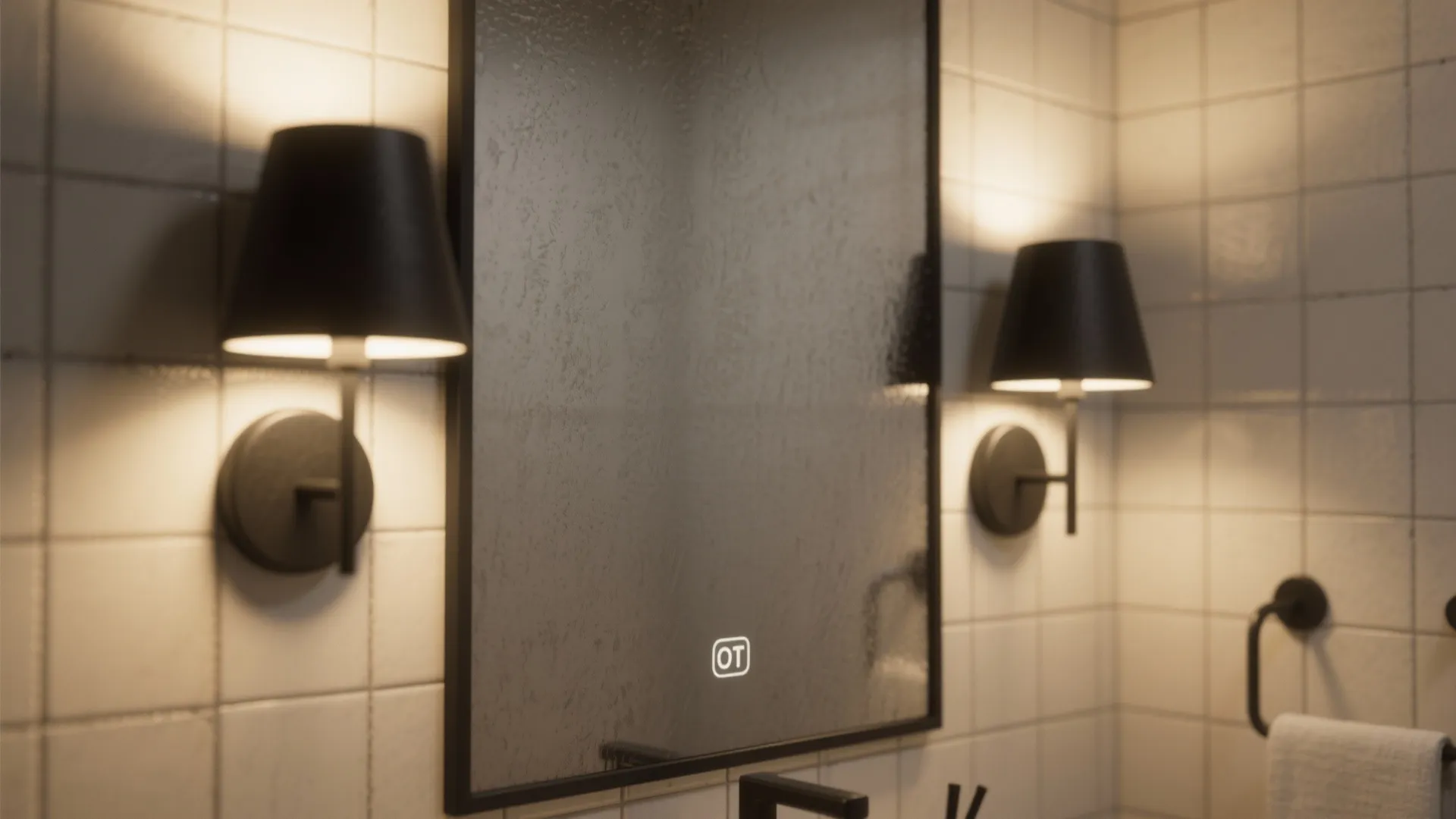 1. Matte black sconce pair beside the mirror