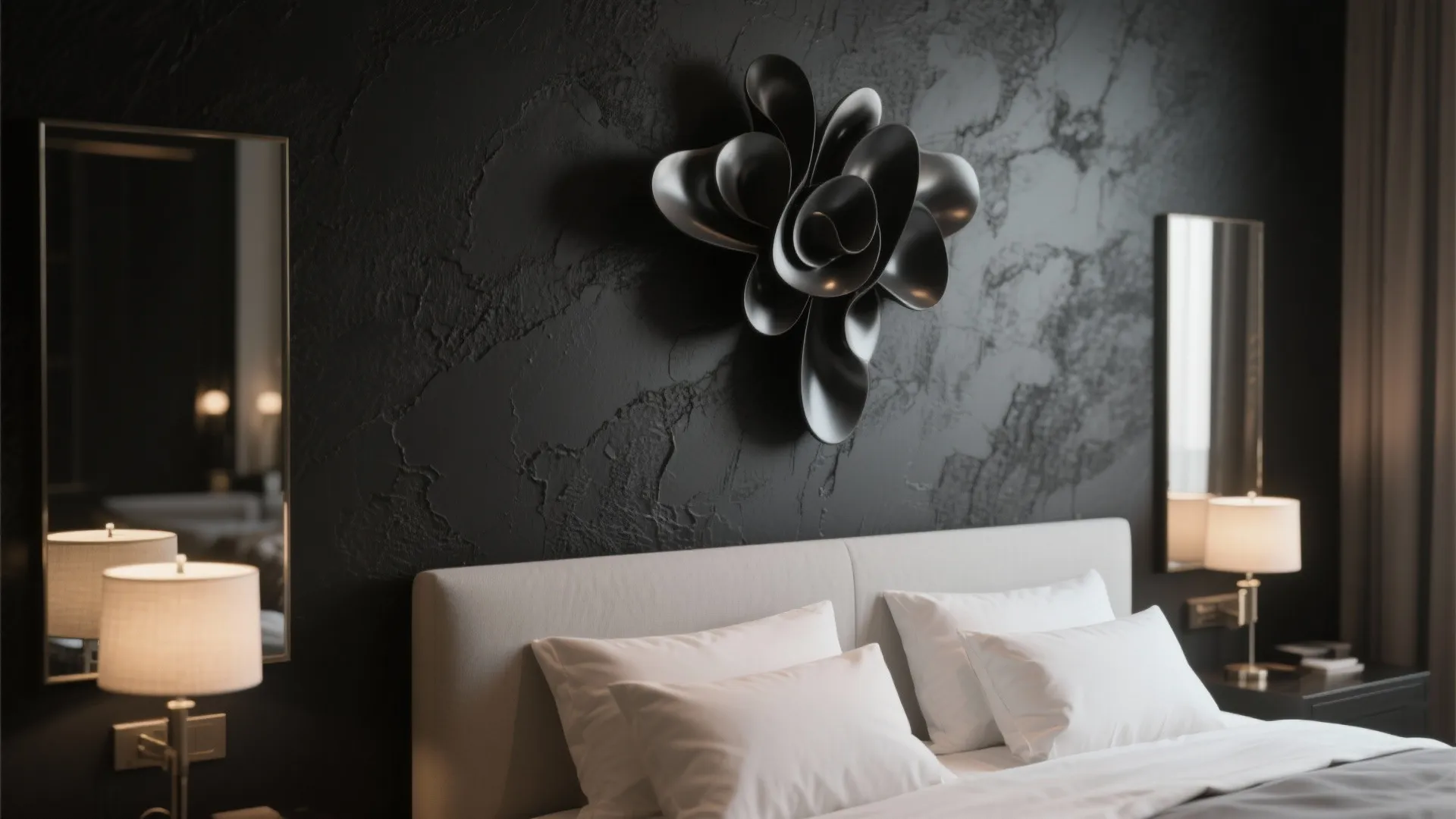 Black textured bedroom wall featuring dark floral wall decoration above white bed with table lamps