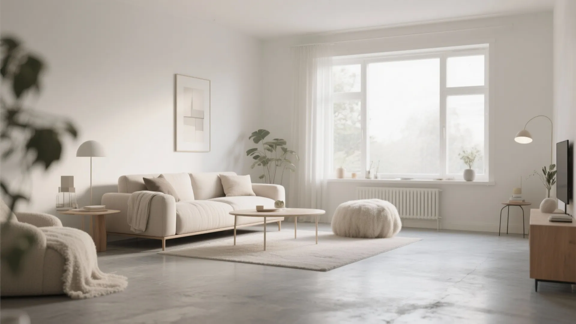 Minimalist living room featuring cream sofa wooden coffee table white walls and smooth concrete floor