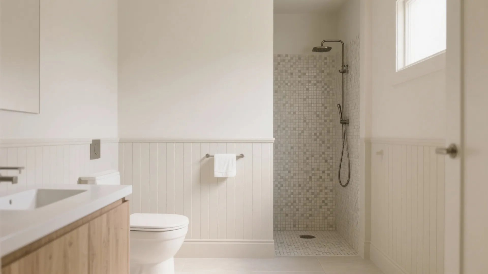 Clean cream bathroom with white wall panel toilet wooden cabinet and walk in shower area