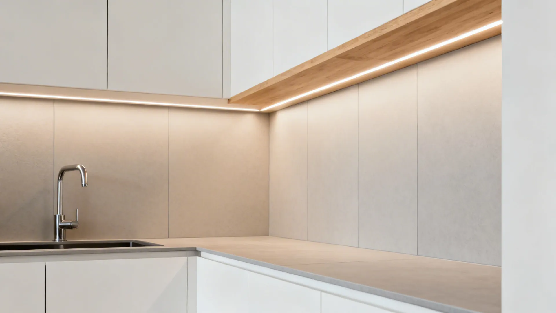 Ultra-matte porcelain backsplash with color-matched thin grout in a compact kitchen.