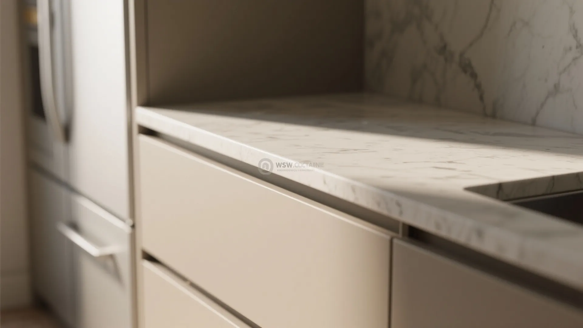Close up view of marble kitchen countertop with smooth beige cabinets and modern sink design