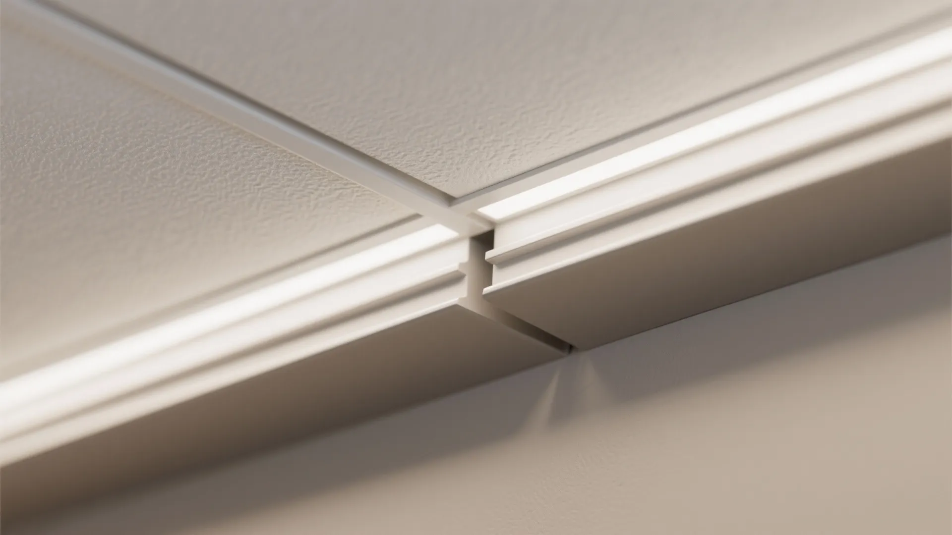 Macro of matte PVC ceiling shadow gap and trim detailing under warm light.