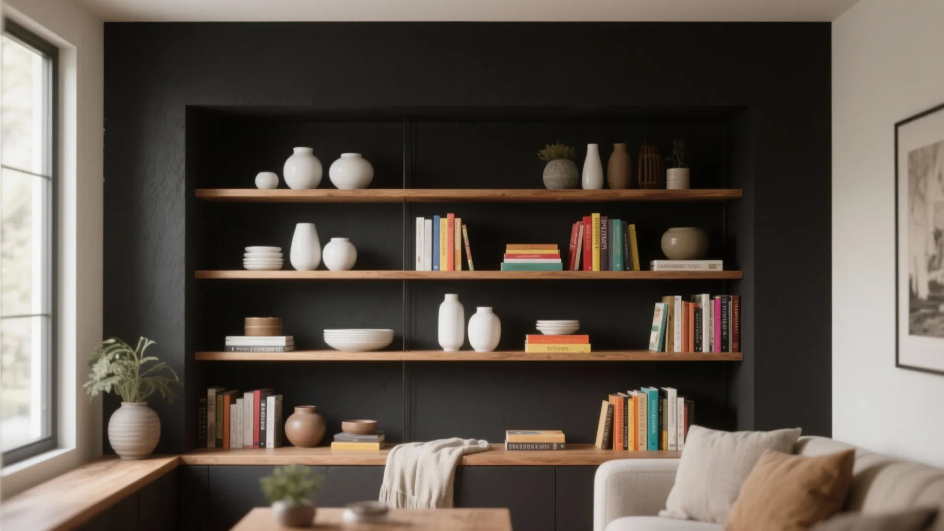 Built-in wooden shelves on a black wall with white vases, books, and green potted plants
