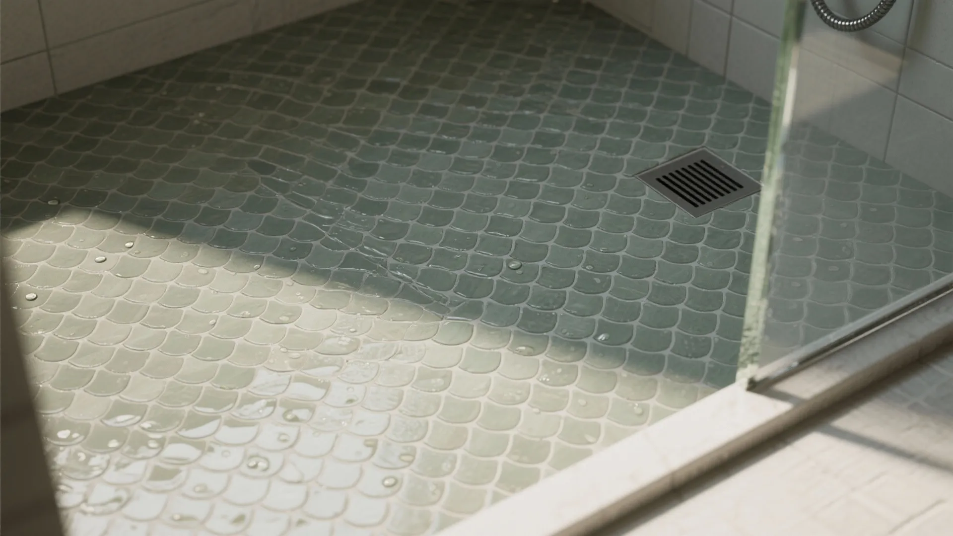 Modern bathroom shower area with green fish scale floor tiles, black square drain, and glass.