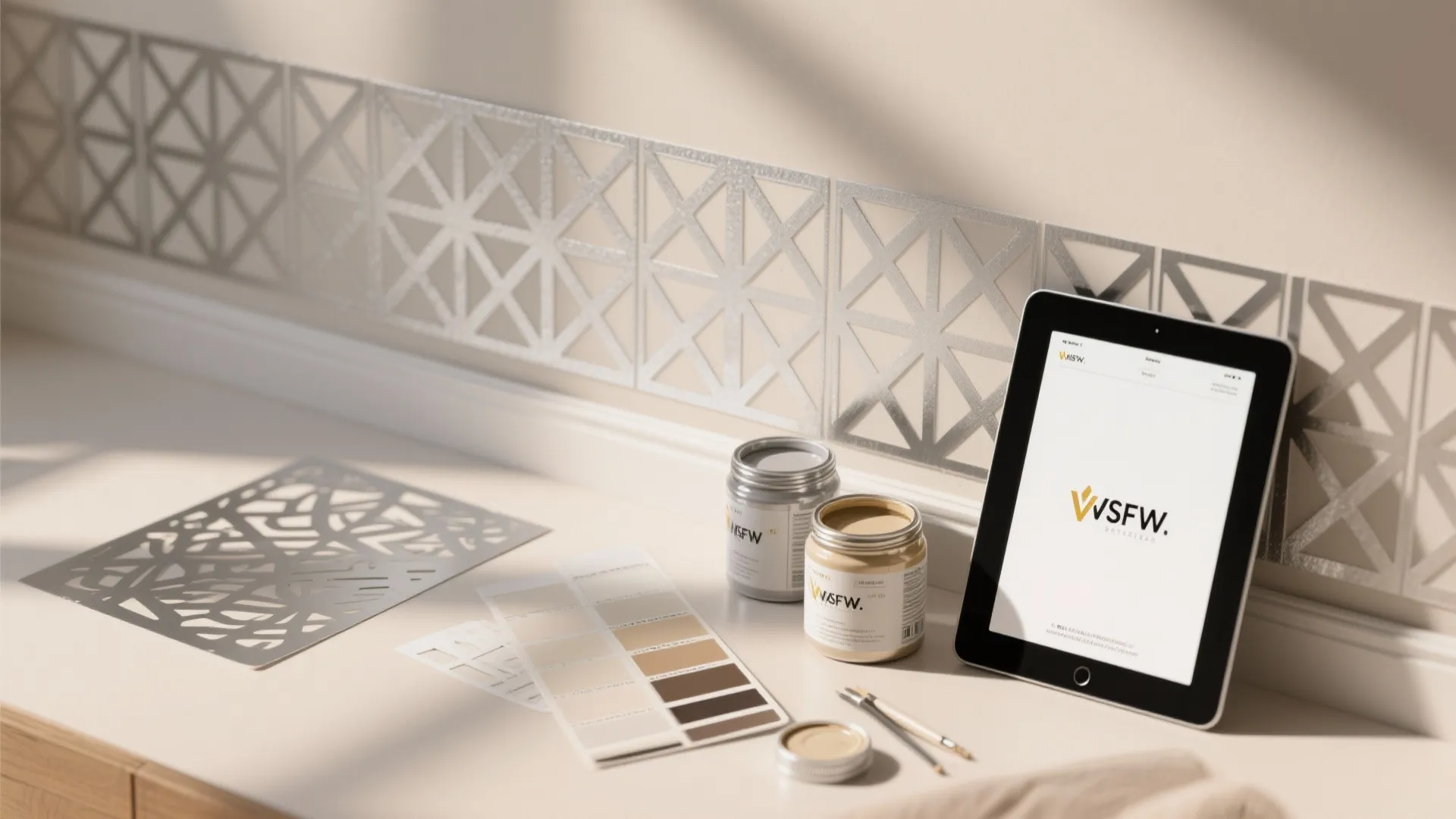 Interior design workspace with paint cans color swatches tablet and silver geometric pattern on wall