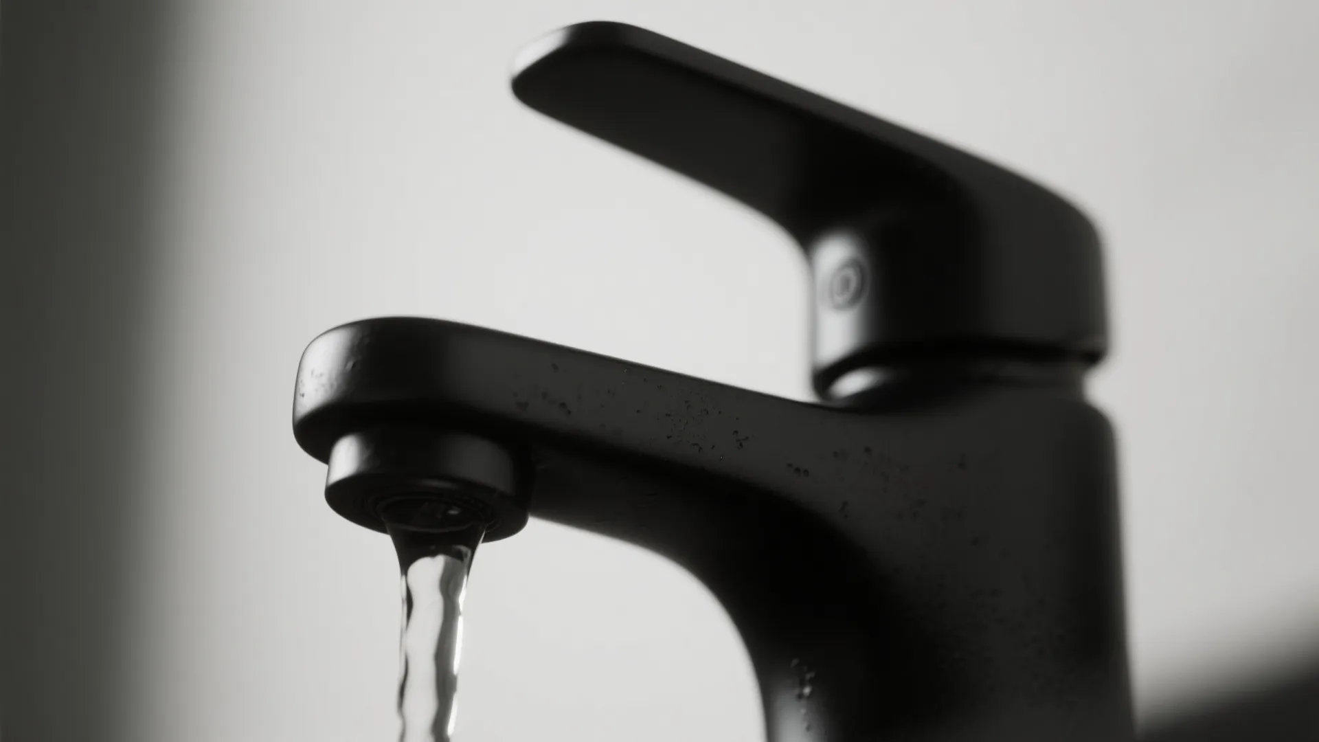 Close up of a modern matte black kitchen water tap with flowing water and handle detail