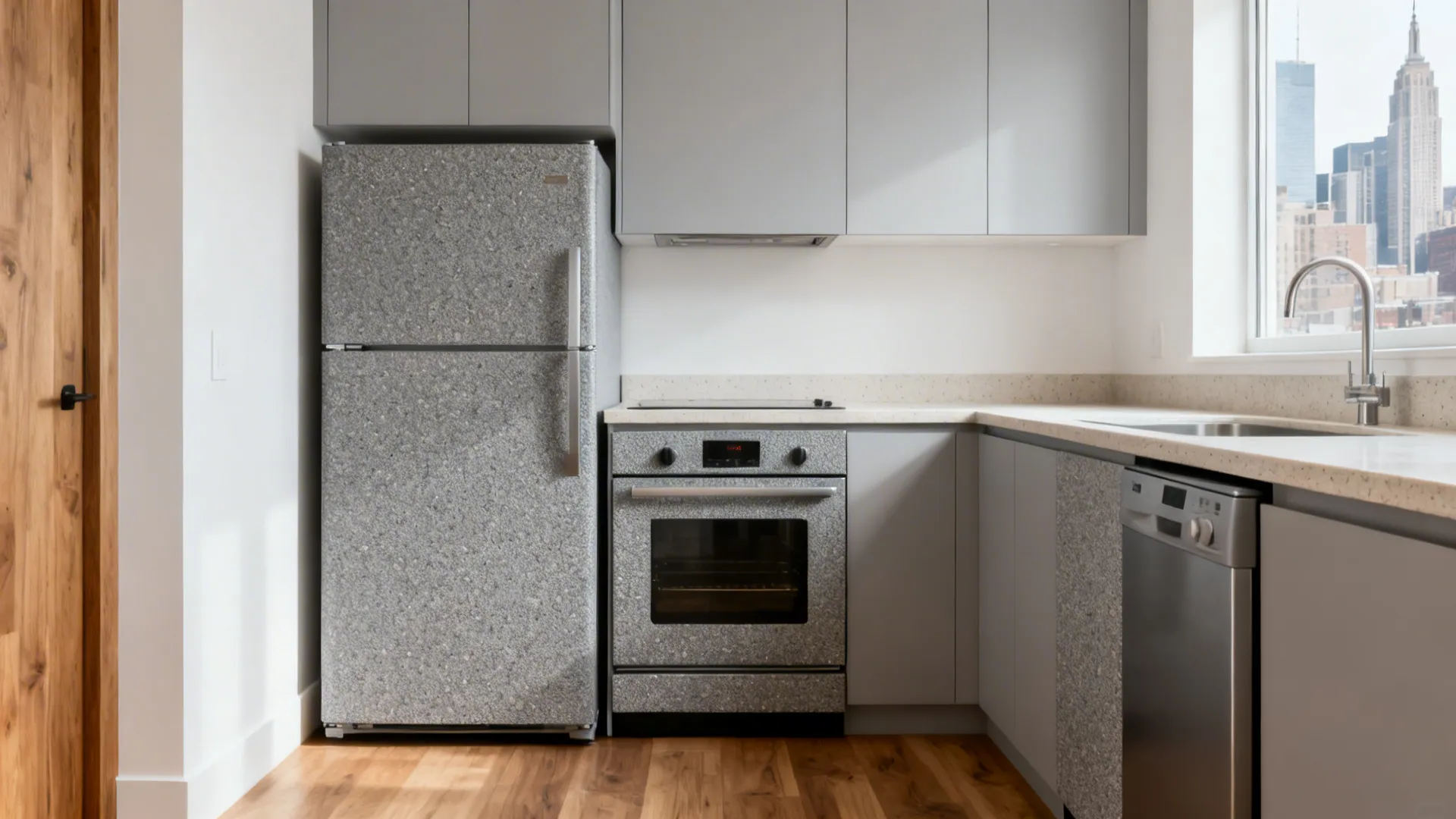 Compact galley kitchen with matte gray vinyl-wrapped appliances creating a seamless, glare-free look.