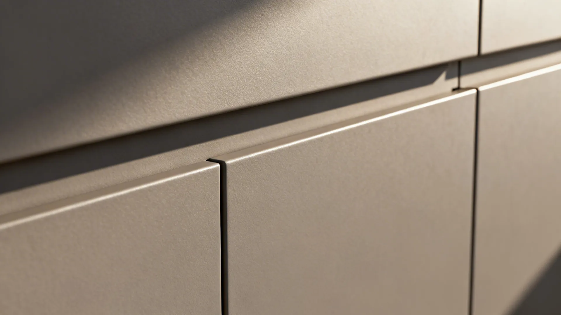 Macro of warm gray matte slab cabinet edge with clean reveal and handleless profile.