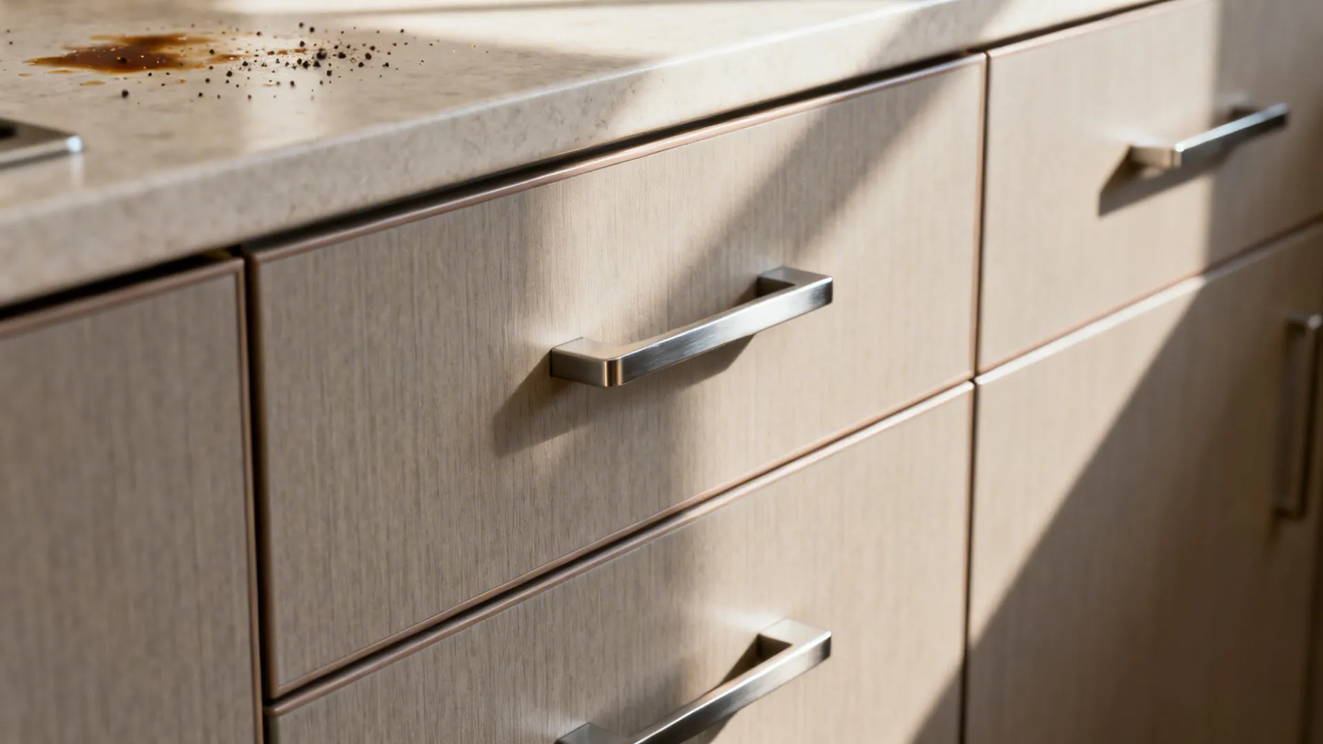 Close-up of matte laminate slab cabinet door with clean PVC edge-banding and stainless pull.