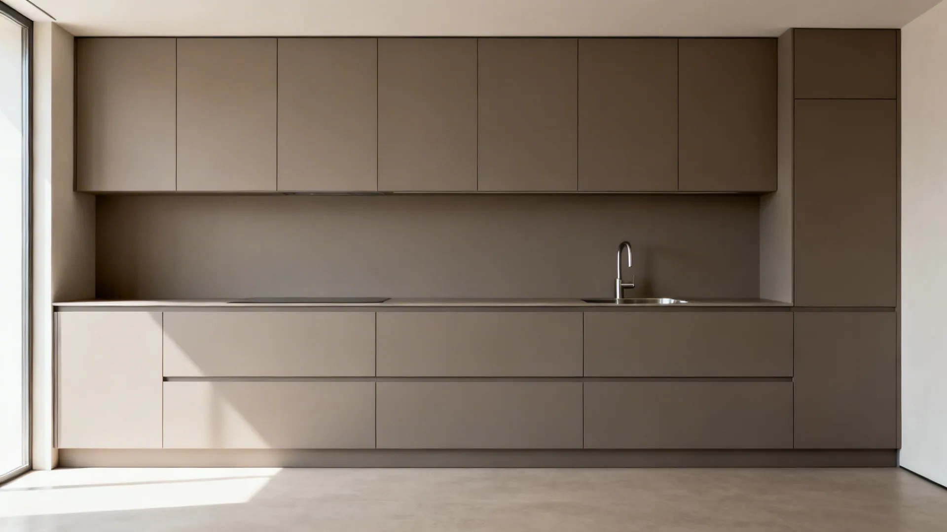 Warm gray matte slab-front kitchen cabinets in a compact galley with handleless design.