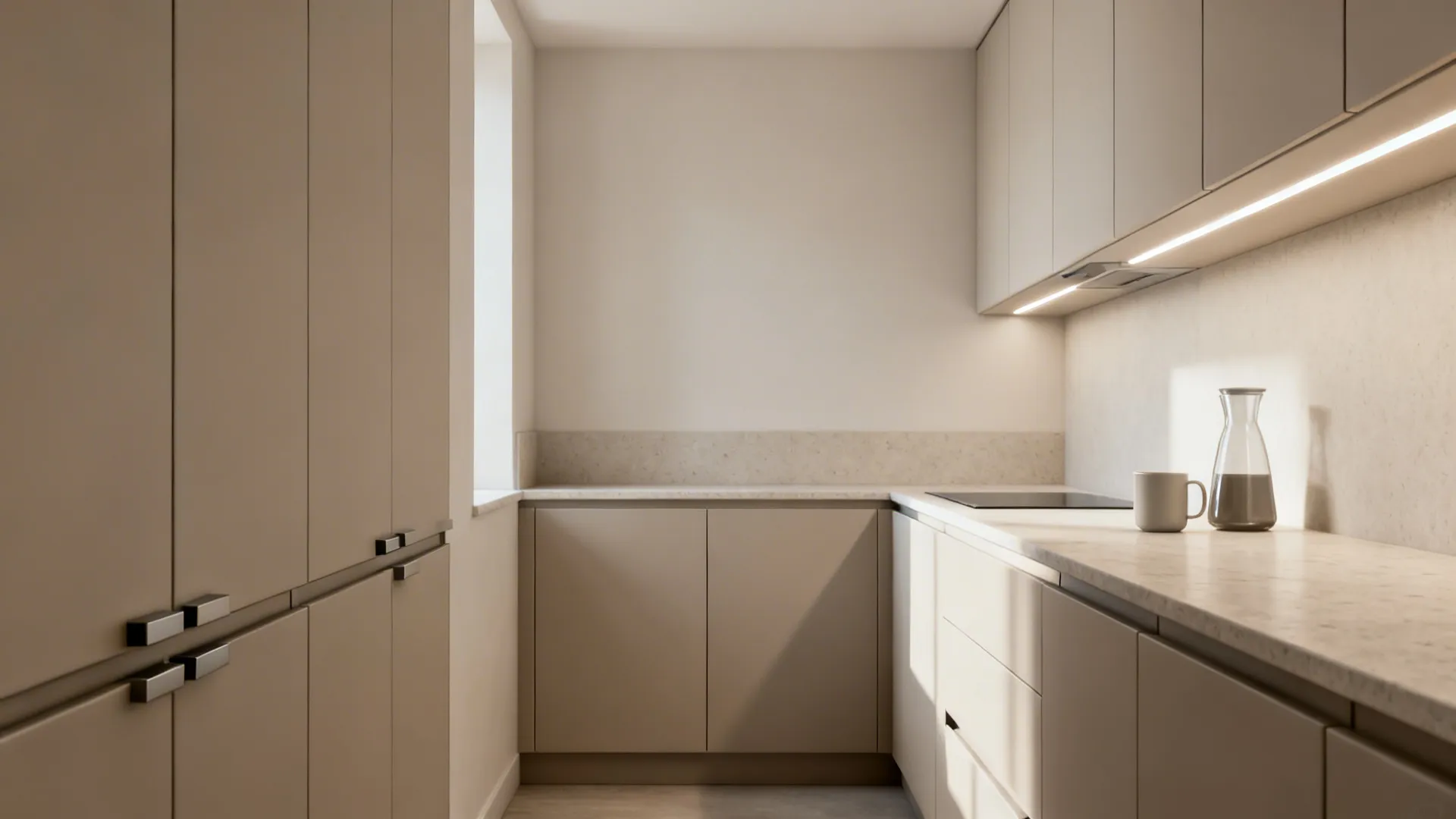 Minimalist matte greige slab cabinet doors with slim edge pulls in a calm galley kitchen.