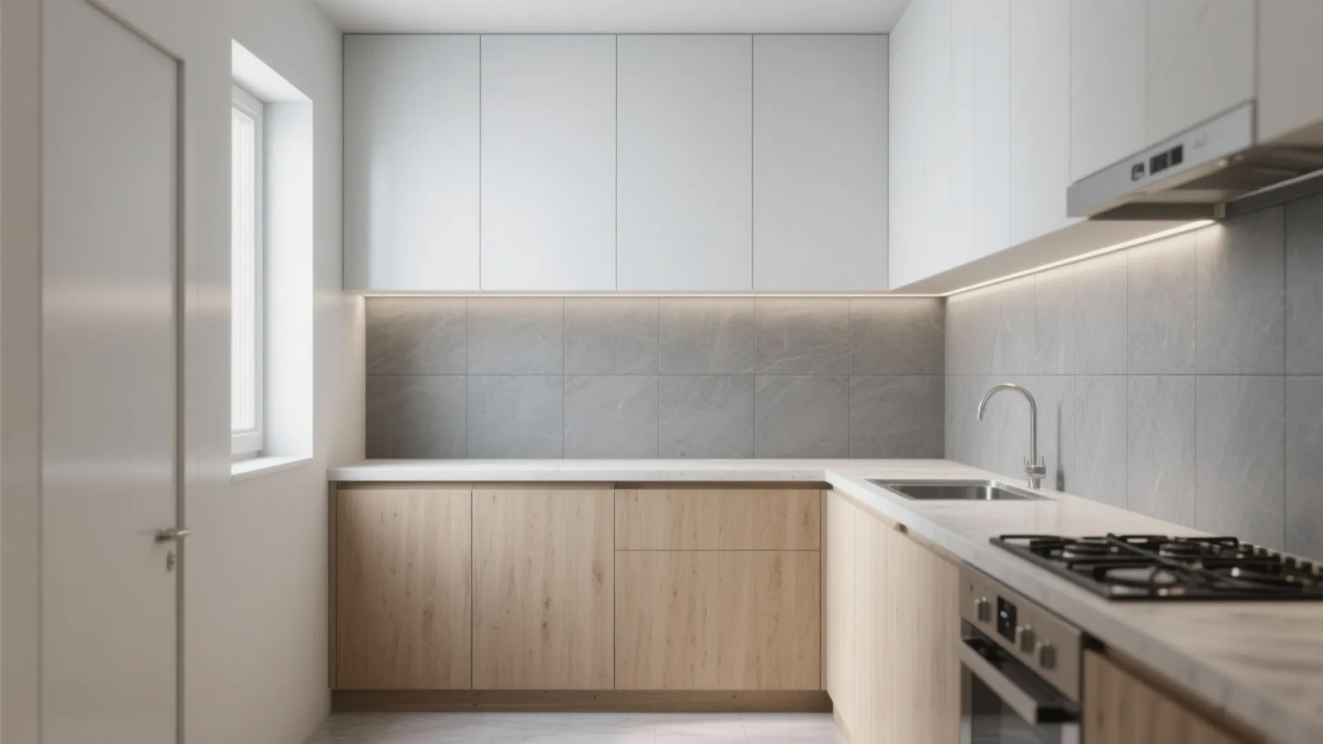 Modern kitchen with wood lower cabinets white upper cabinets grey wall tiles and marble countertop