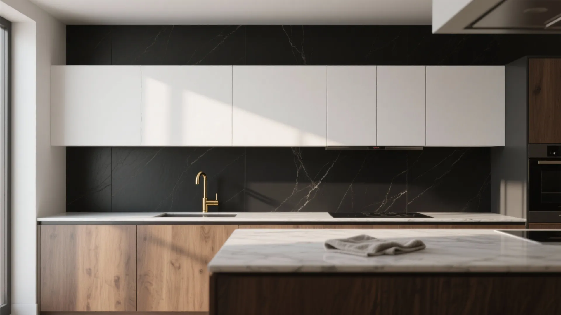 Modern kitchen with black marble wall white cabinets wood lower units and gold water tap