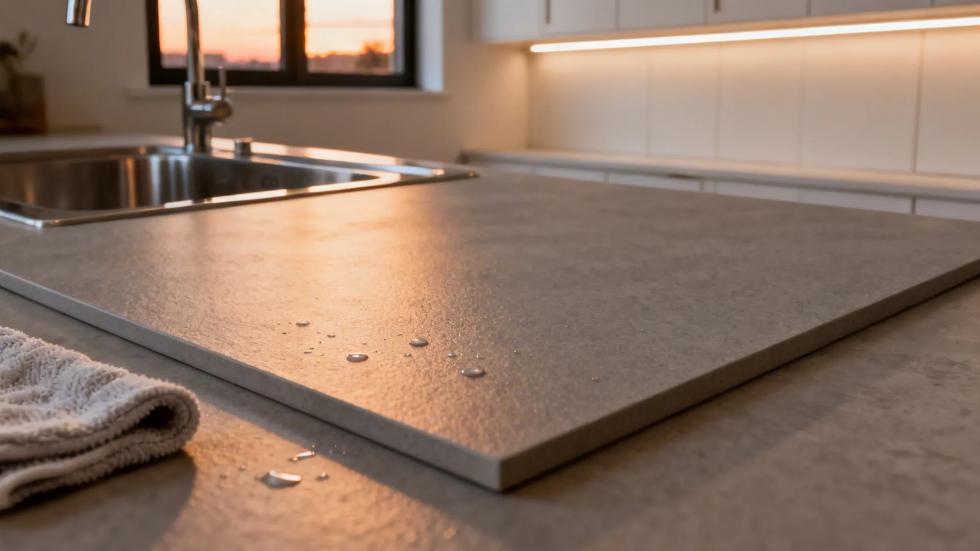 Macro of a honed matte porcelain slab near a sink showing soft texture and low-glare finish.