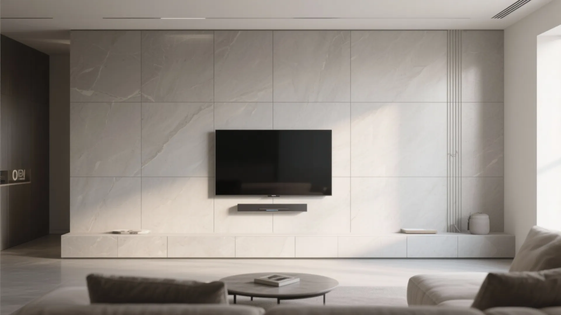 Minimalist living room with grey marble wall tiles, wall mounted TV, and matching floor cabinet
