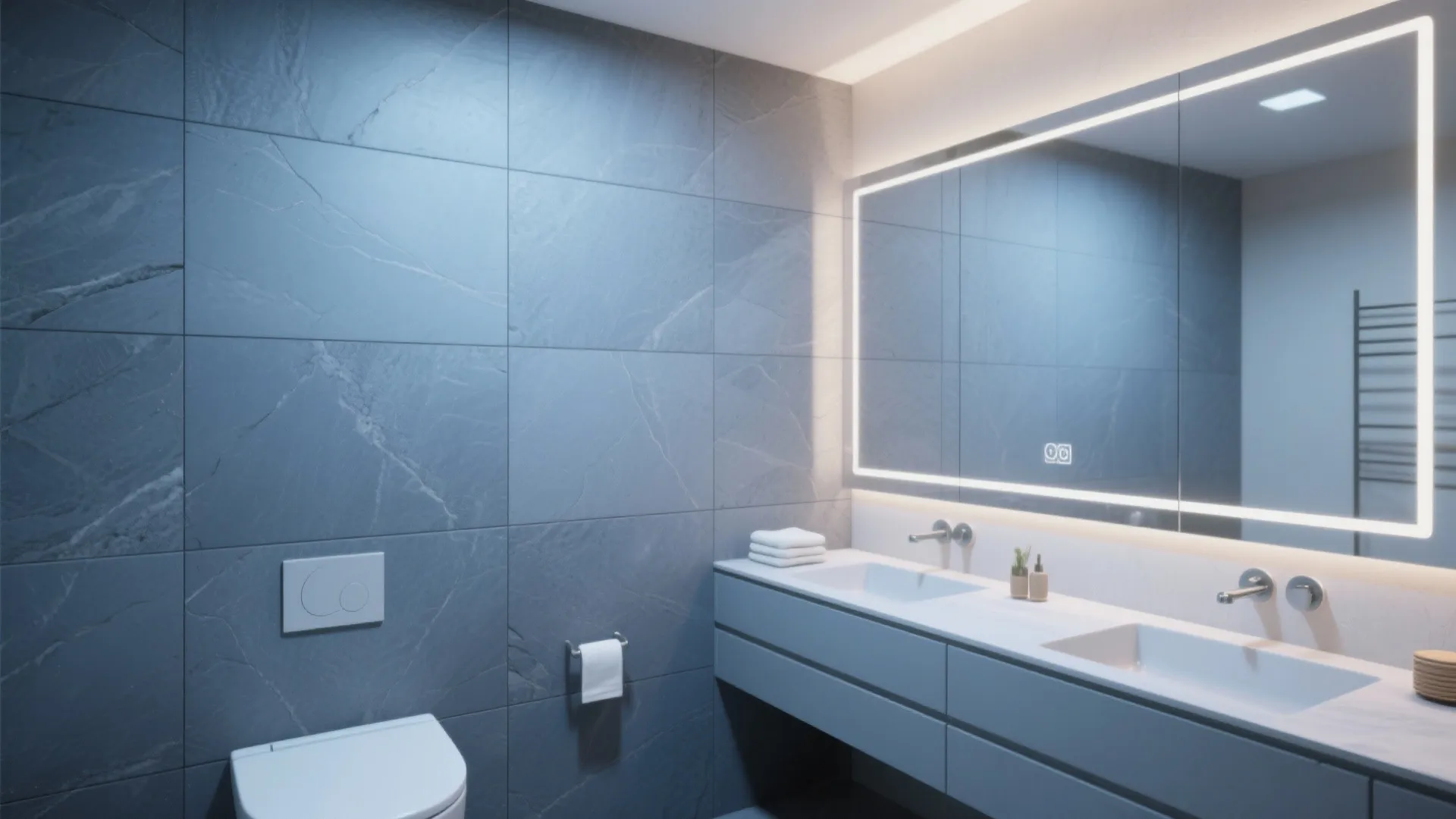 5. Matte slate-blue large-format slabs for a modern look