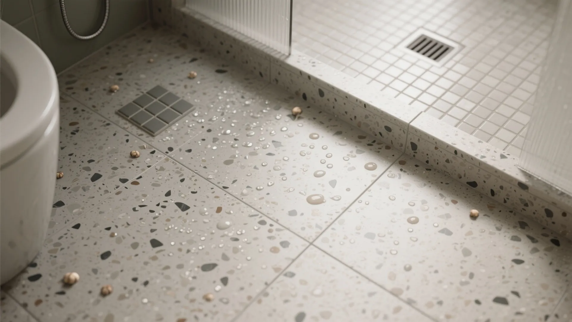 Close up of speckled bathroom floor tiles with water drops near toilet and shower area
