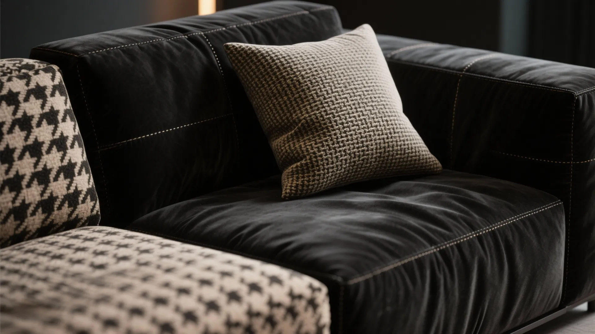 1. Matte black modular sofa with contrasting pillows