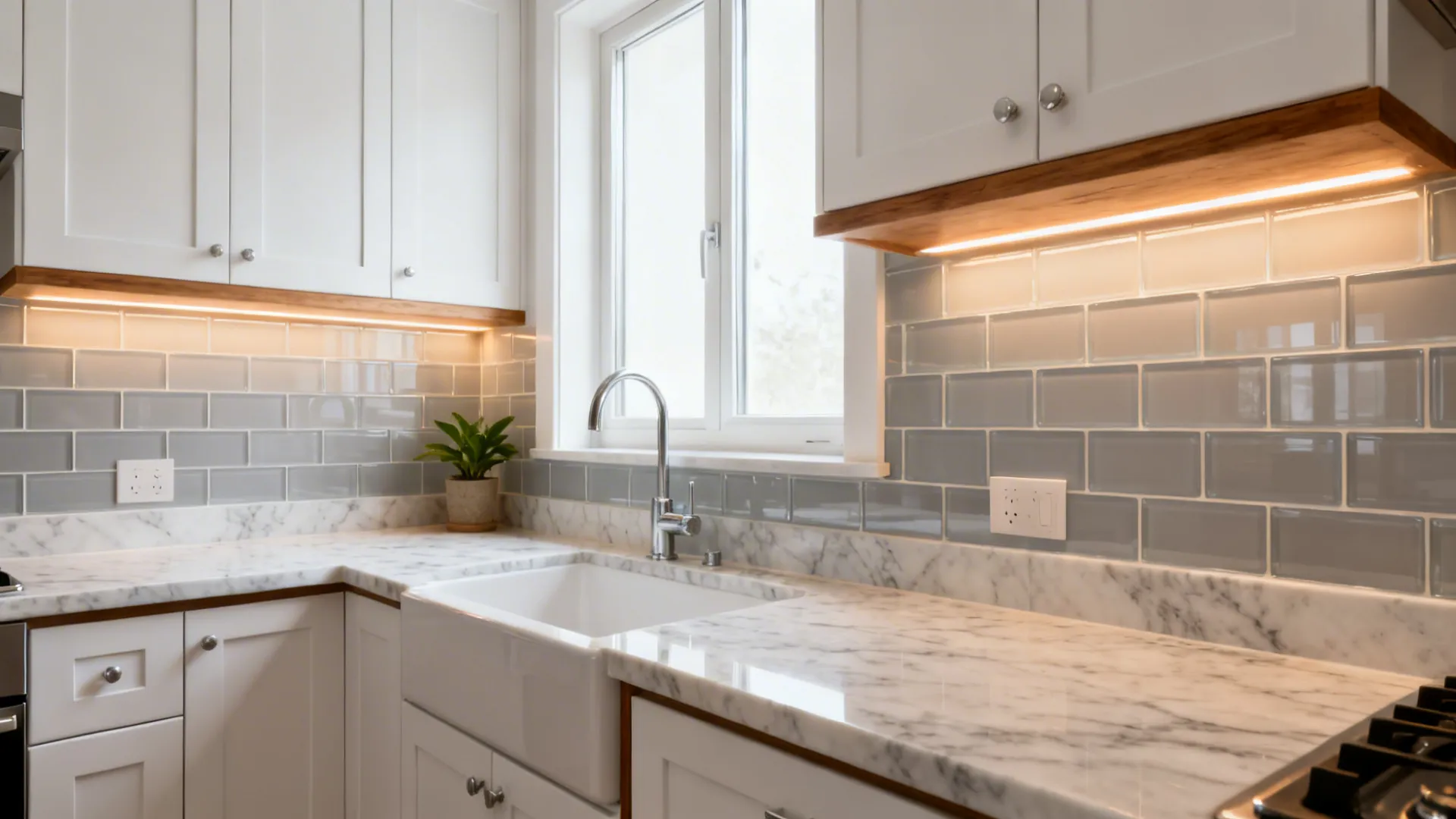 Small kitchen with matte glass subway tile backsplash softly diffusing daylight and warm LEDs.