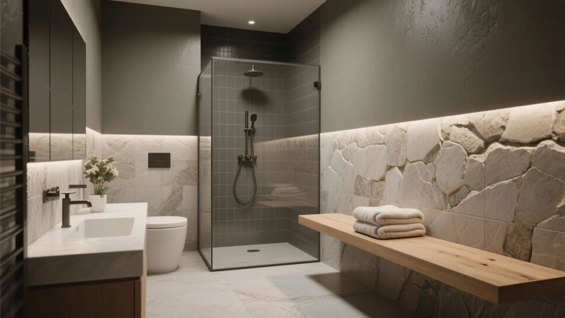 Luxury spa bathroom with stone wall panel glass shower white toilet sink and wooden bench