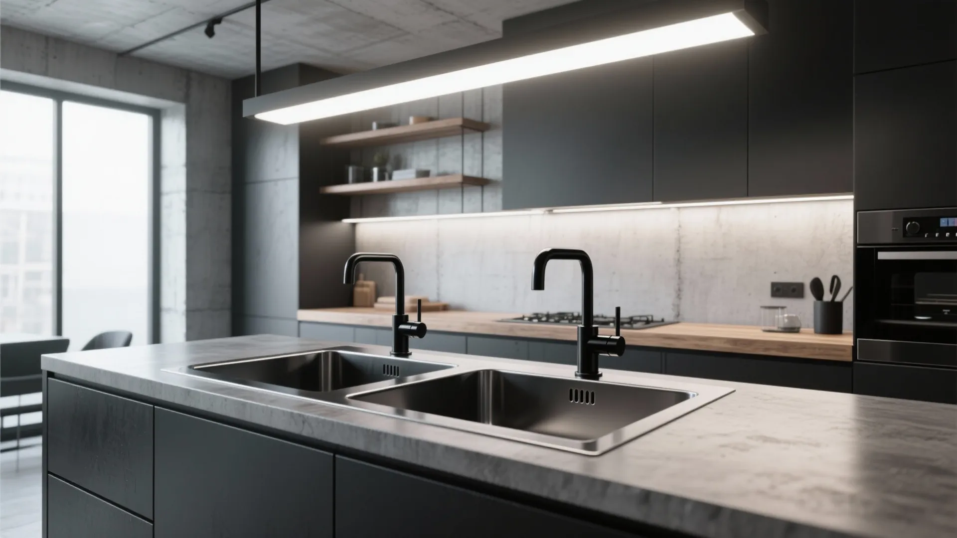 Matte black stainless steel double sink with matching black faucet in a modern minimalist kitchen.