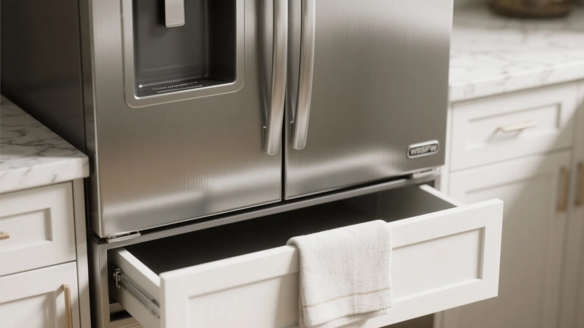 Brushed stainless appliance door next to satin white cabinet showing reduced glare and microfiber cloth