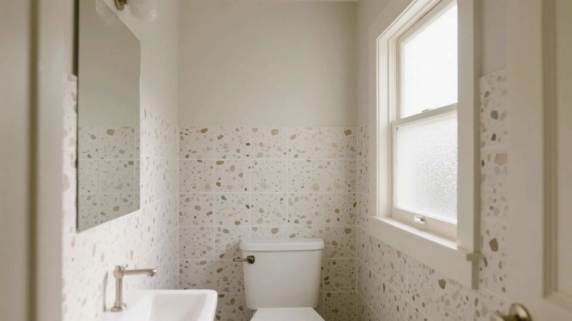 Powder room with matte terrazzo-look peel-and-stick bathroom tile stickers in a calm, low-sheen neutral palette.