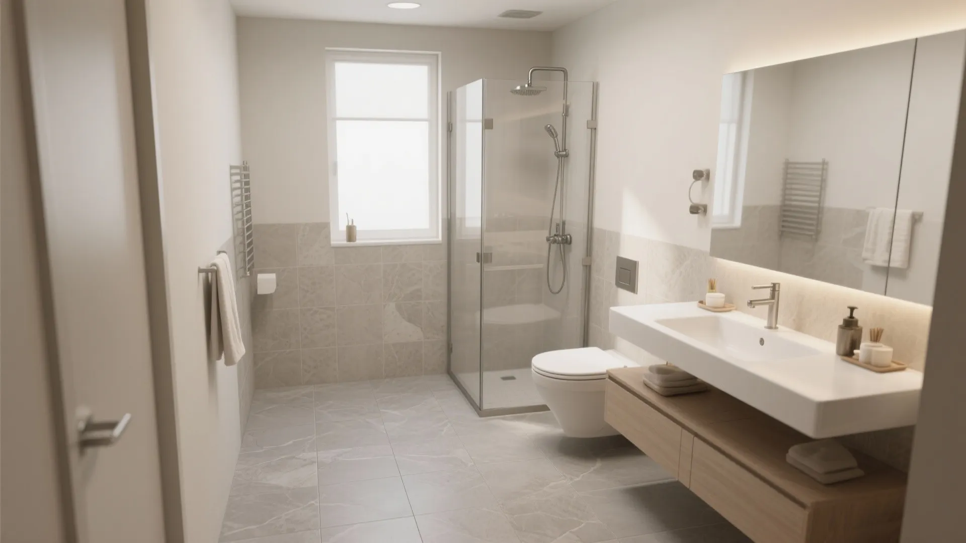 Minimalist bathroom design with grey stone tiles glass shower box white toilet and large wall mirror