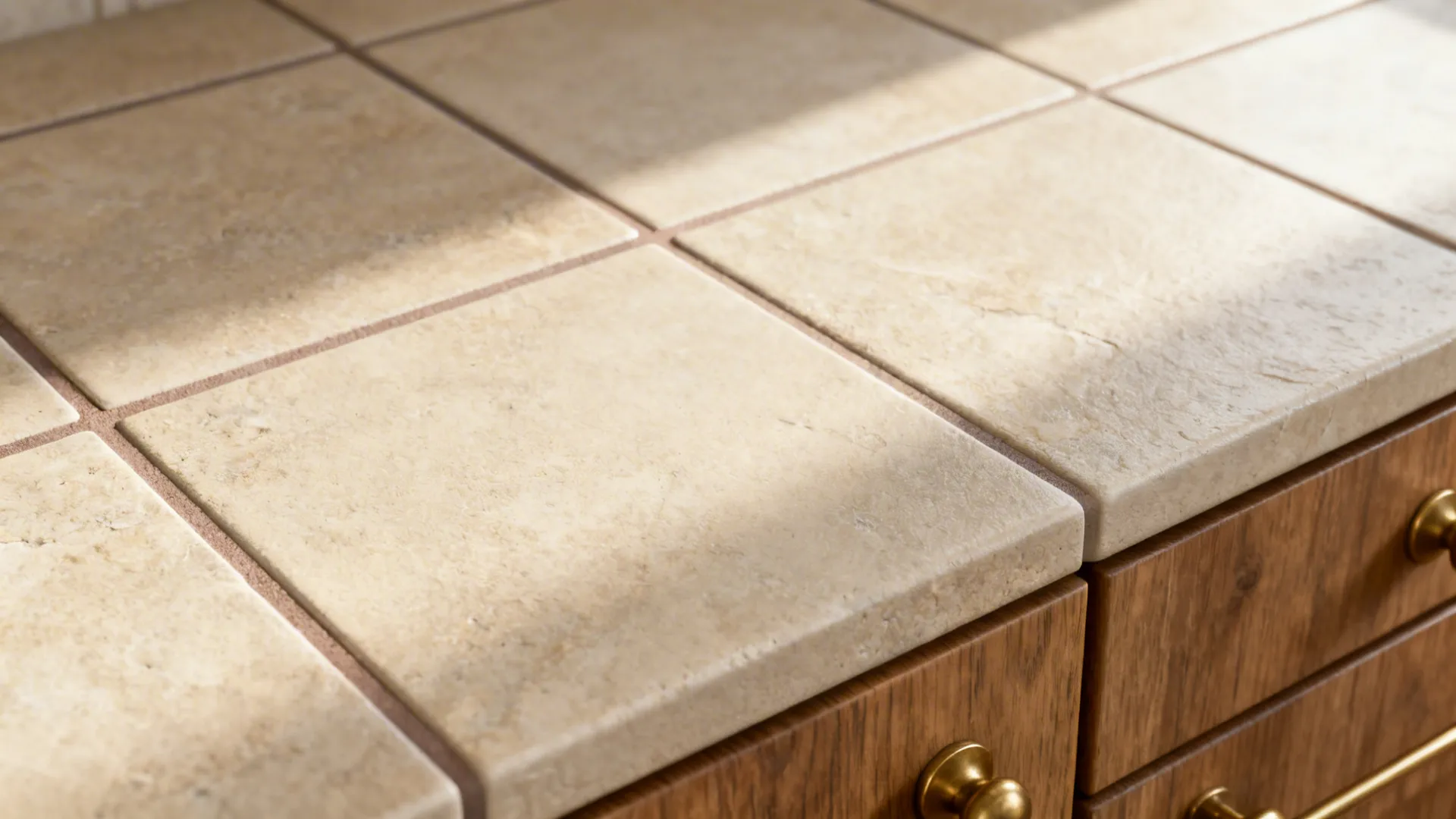 Macro view of warm neutral matte stone-look porcelain tile with subtle texture and darker grout.