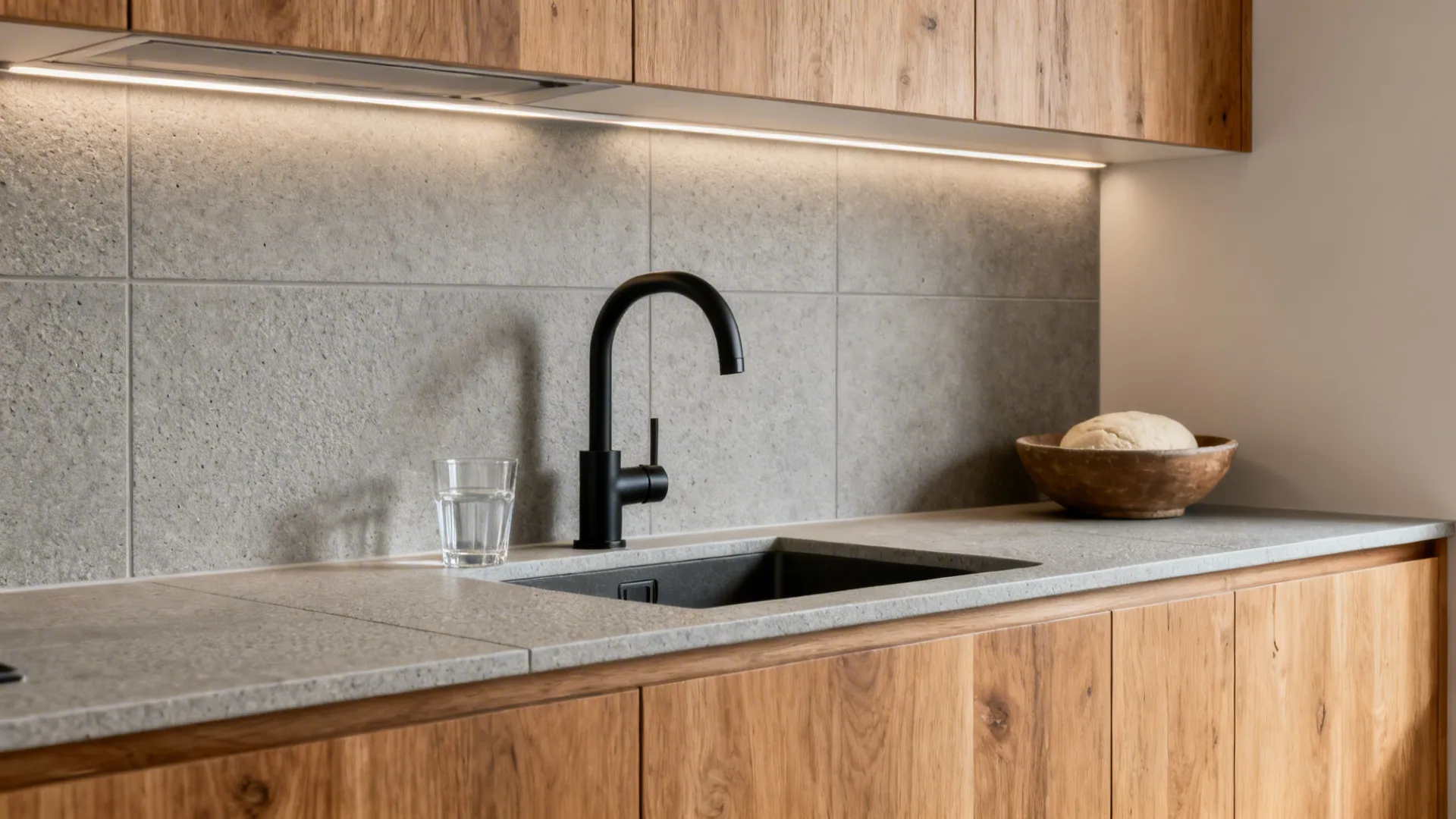 Textured matte stone-look porcelain tile countertop near a sink in a small kitchen.
