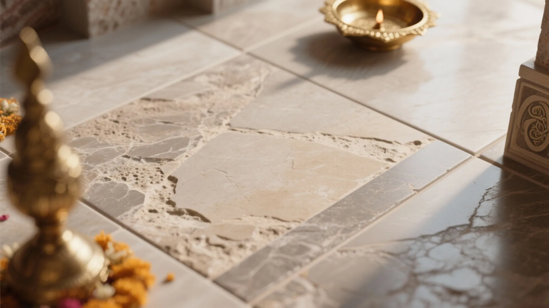 Macro of matte stone-look porcelain tile with soft texture and low glare.