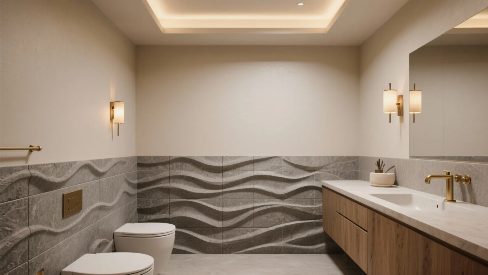 Matte stone-look 3D wainscot with warm lighting and brushed brass fixtures.