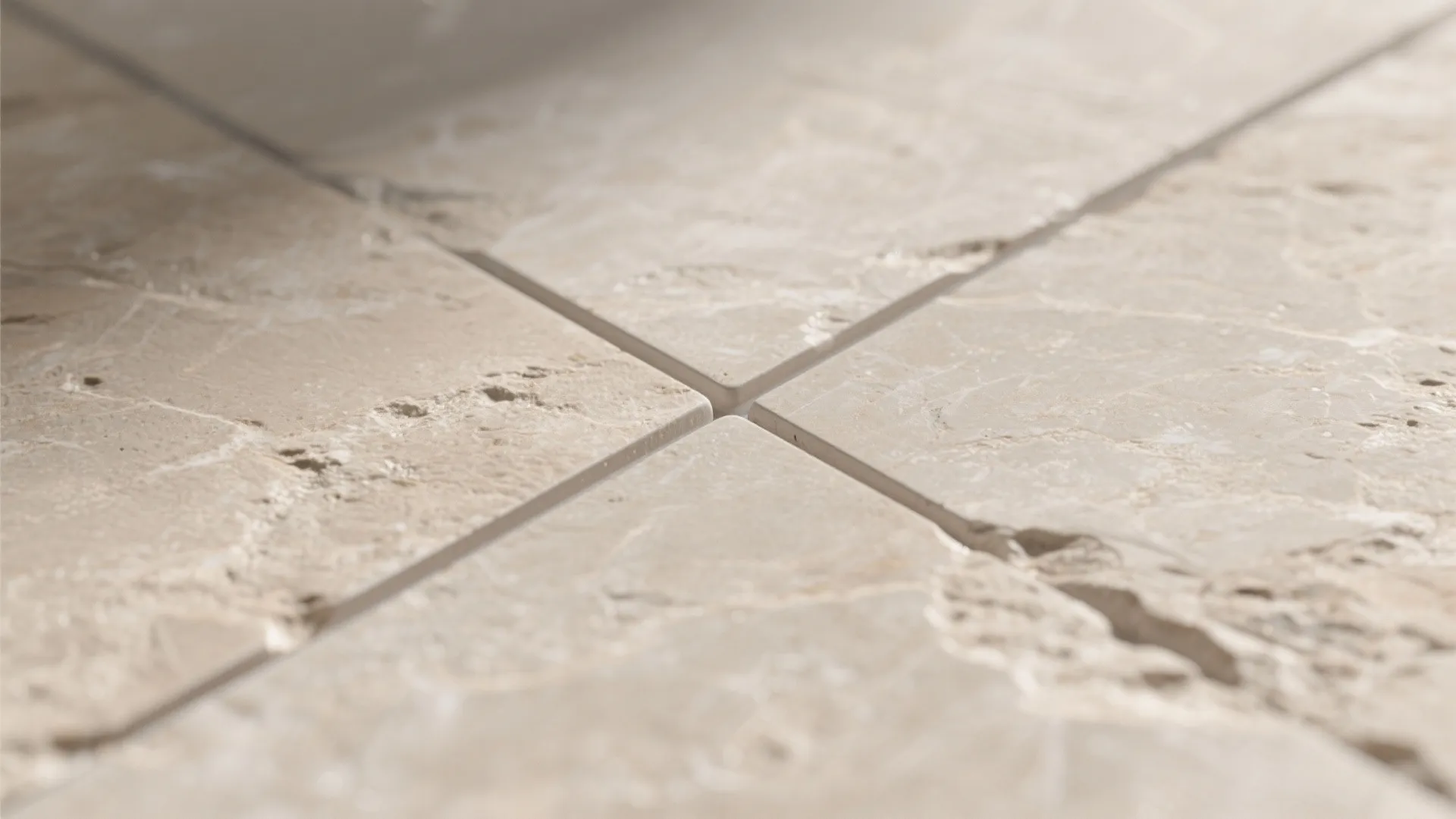 Close up view of natural beige stone floor tiles with clean grout lines and textured surface