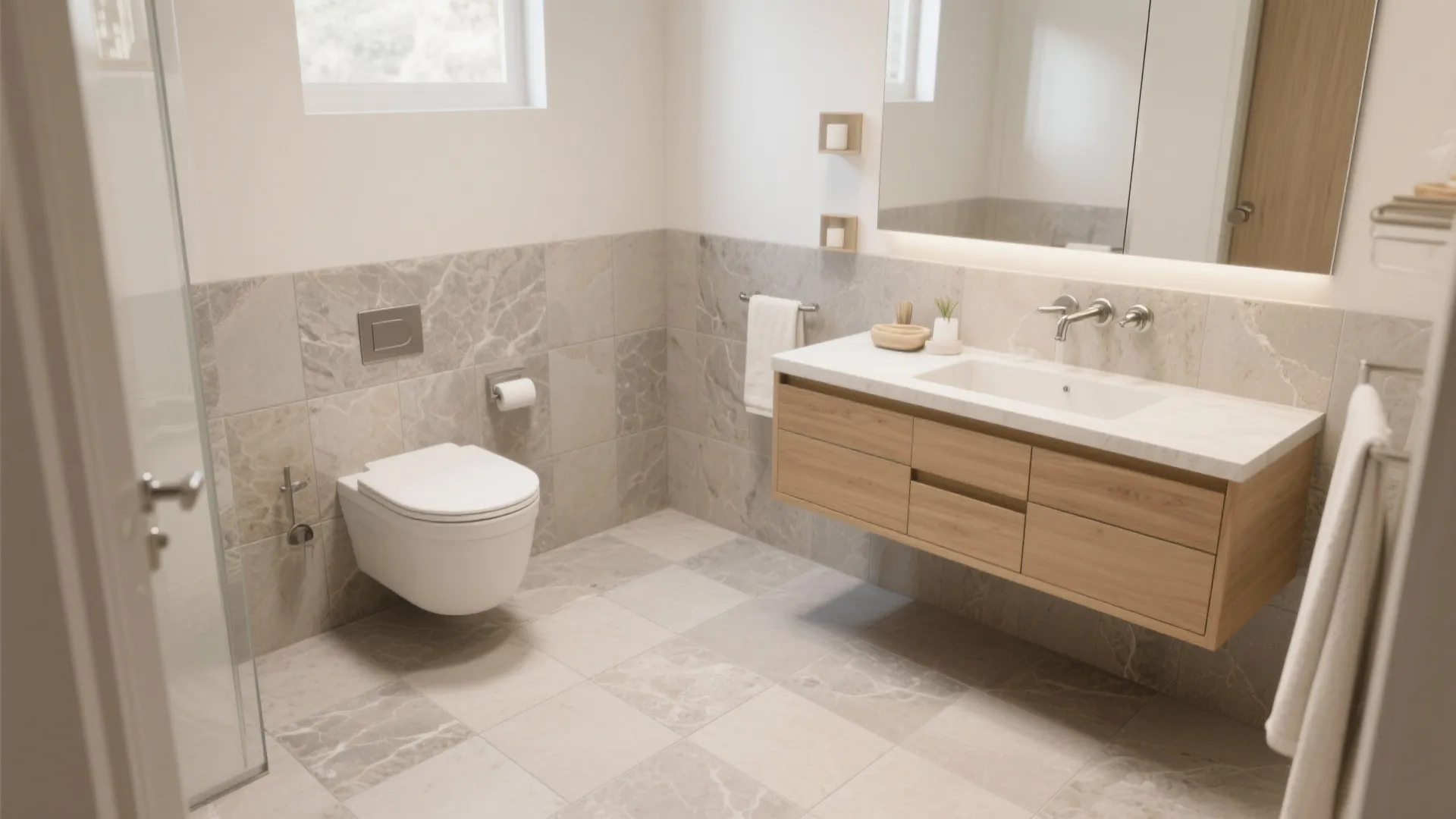 Clean bathroom with stone tiles, floating wood cabinet, white sink, large mirror, and white toilet
