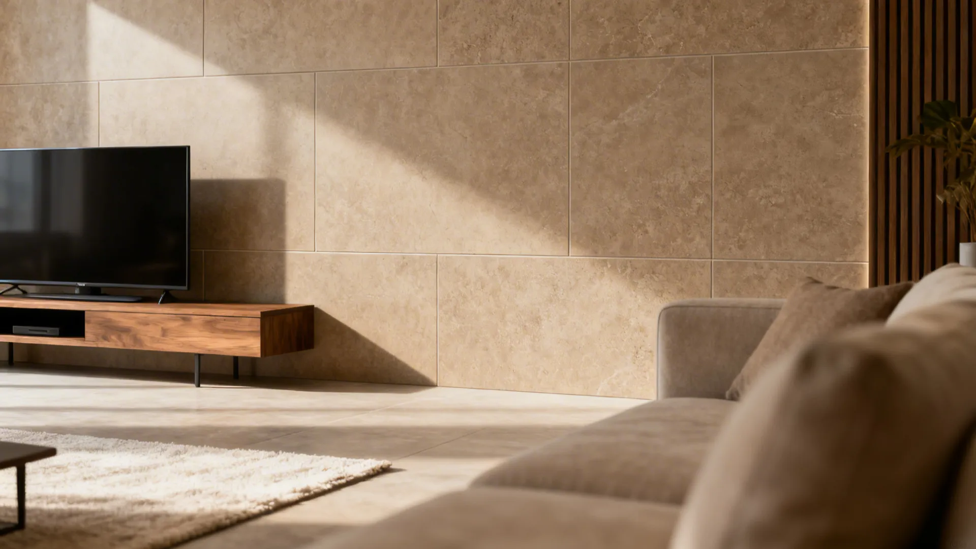 Matte taupe stone-look porcelain tiles with tight grout behind a TV console.