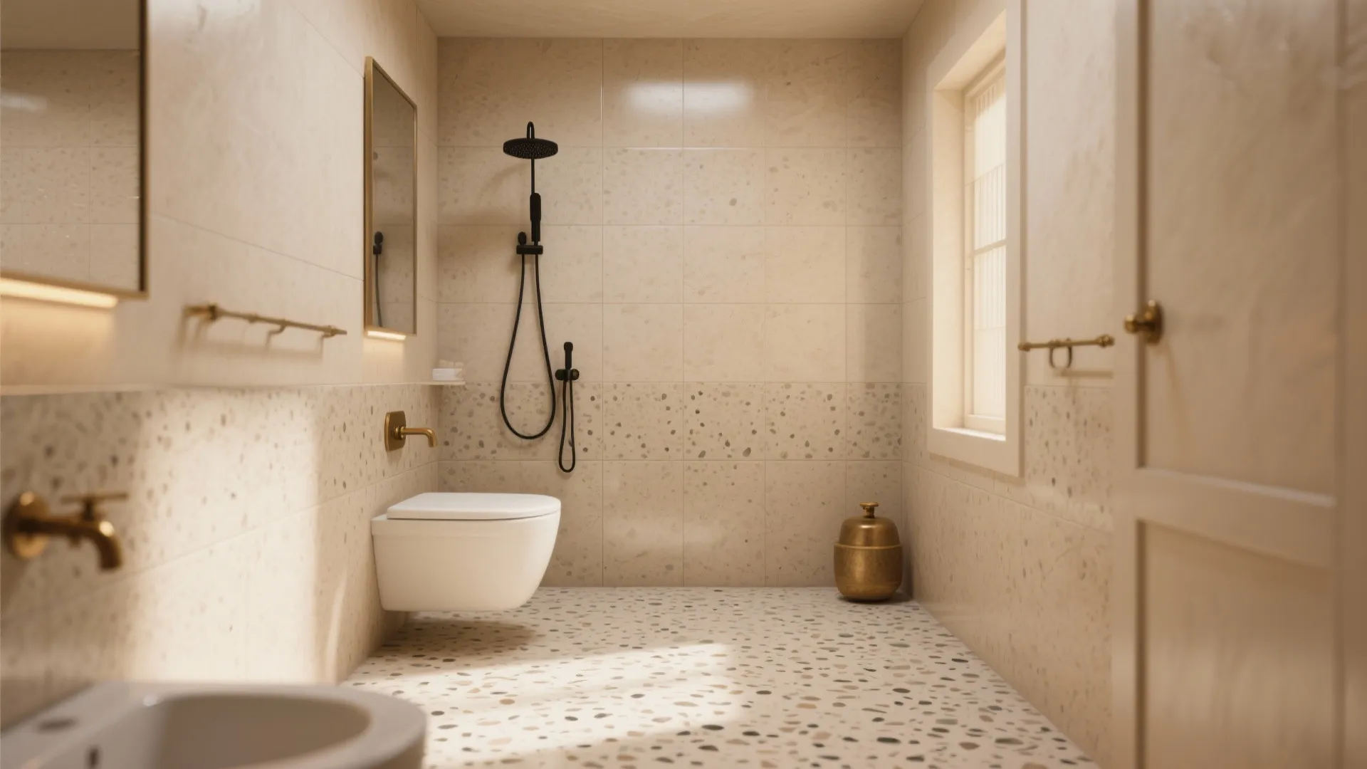 Matte stone-look, terrazzo, and warm neutrals