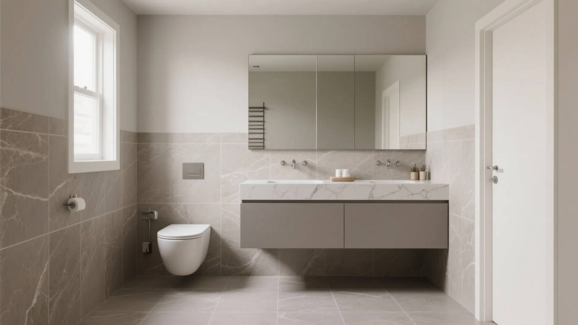 Modern bathroom featuring grey stone wall panels floating grey cabinet white toilet and large wall mirror