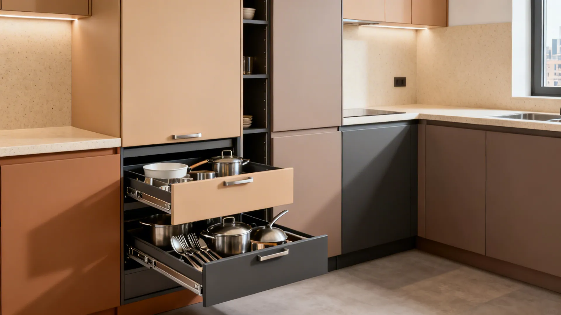 Open kitchen drawers showing organized metal pots and pans with brown and grey storage cabinets
