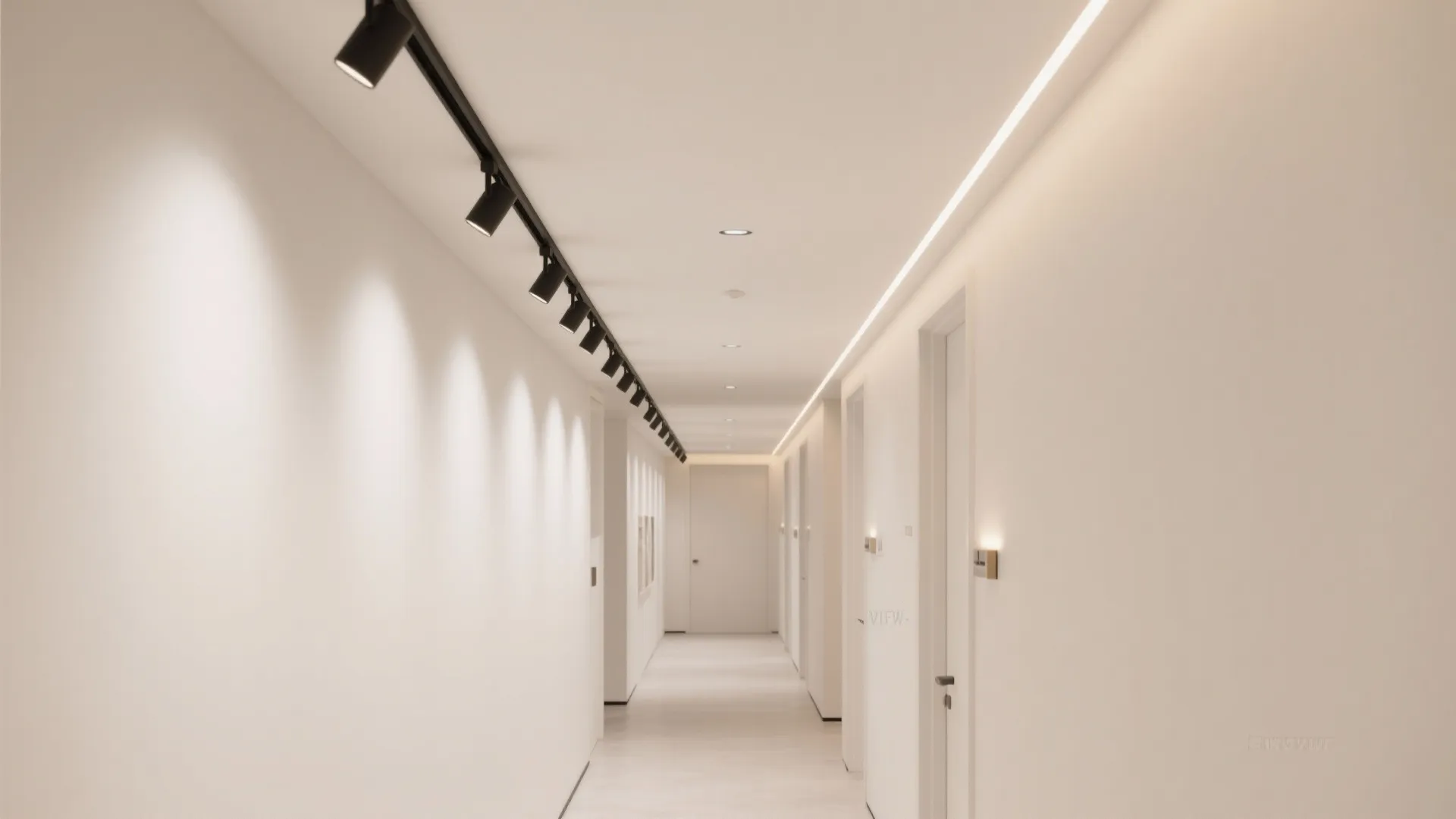 Minimalist white hallway with black track light fixture strip lighting and clean modern door design