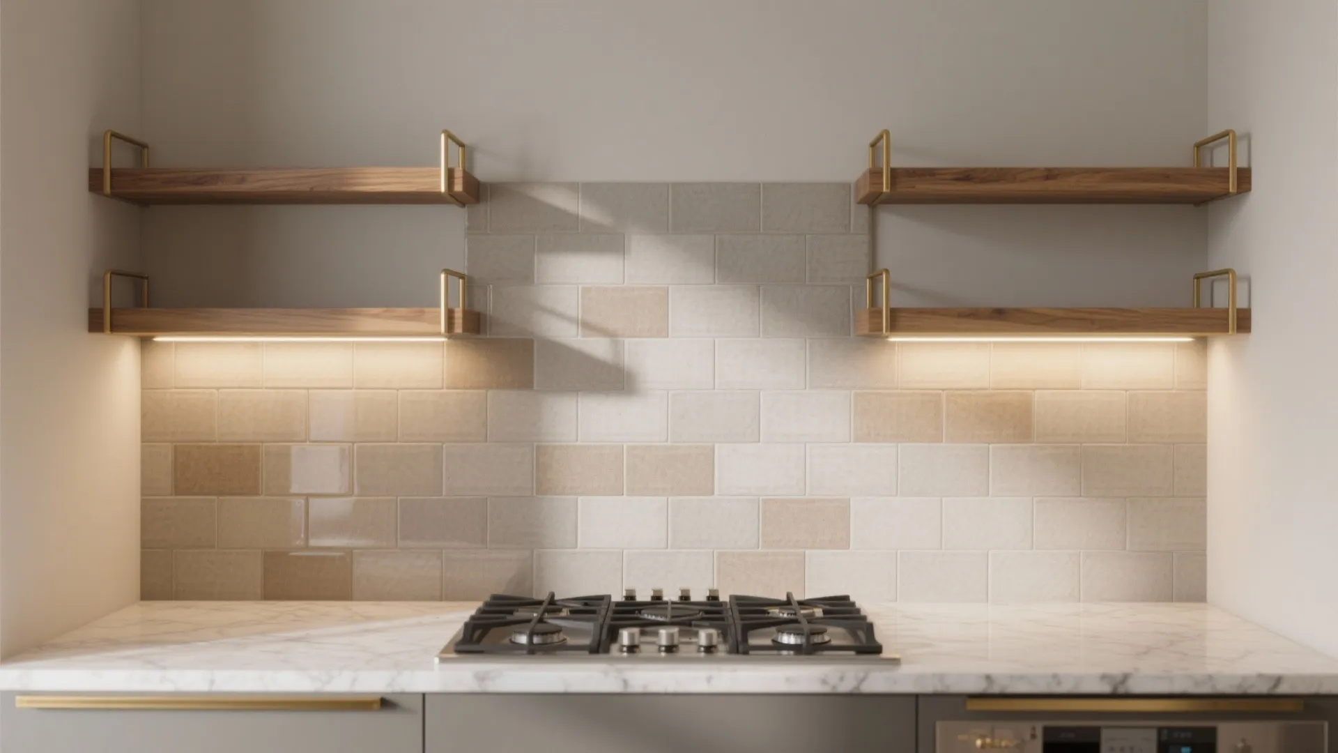 Neutral kitchen with brick wall tiles and wooden shelves and gas stove and marble countertop