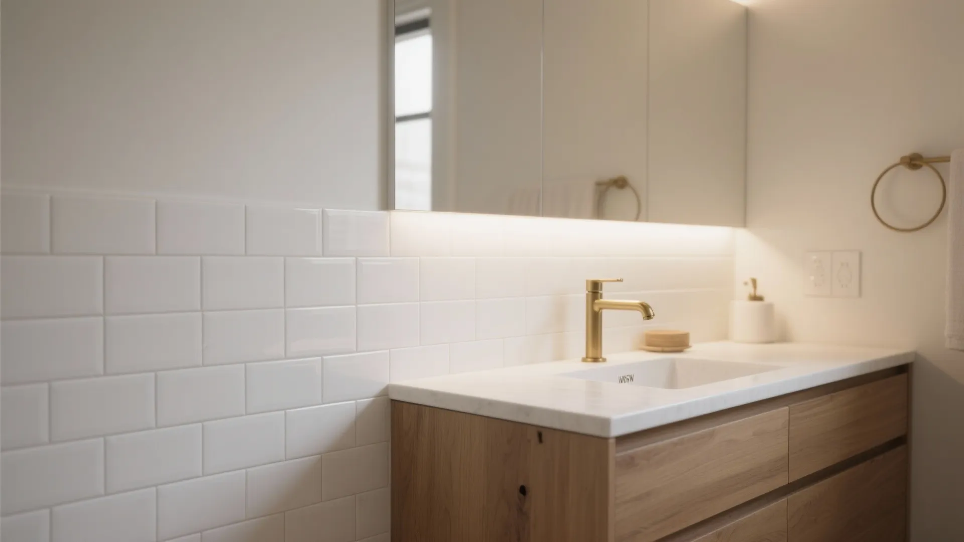 Windowless bath vanity wall with matte white beveled subway tiles under warm LED light.