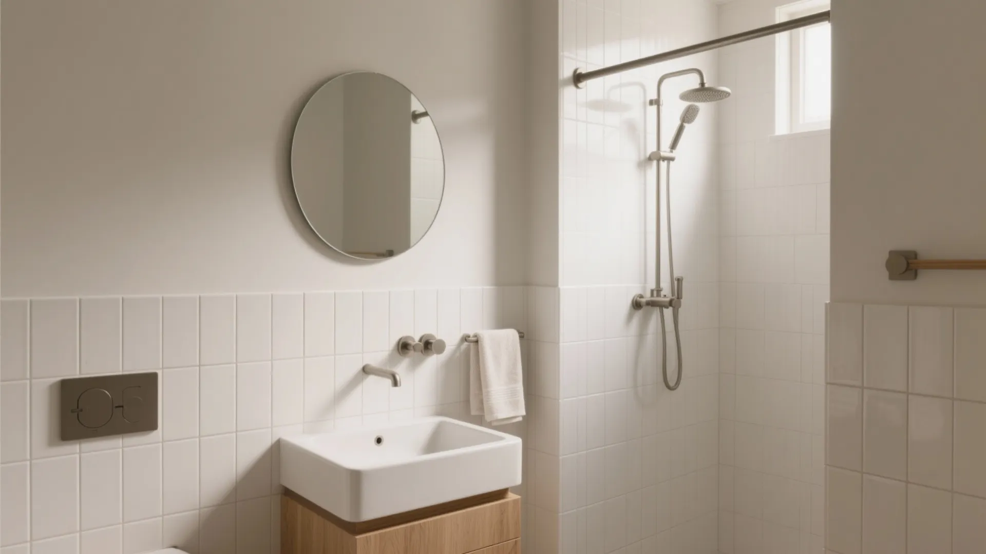 Modern bathroom with white wall tiles round mirror wooden cabinet small sink and shower head