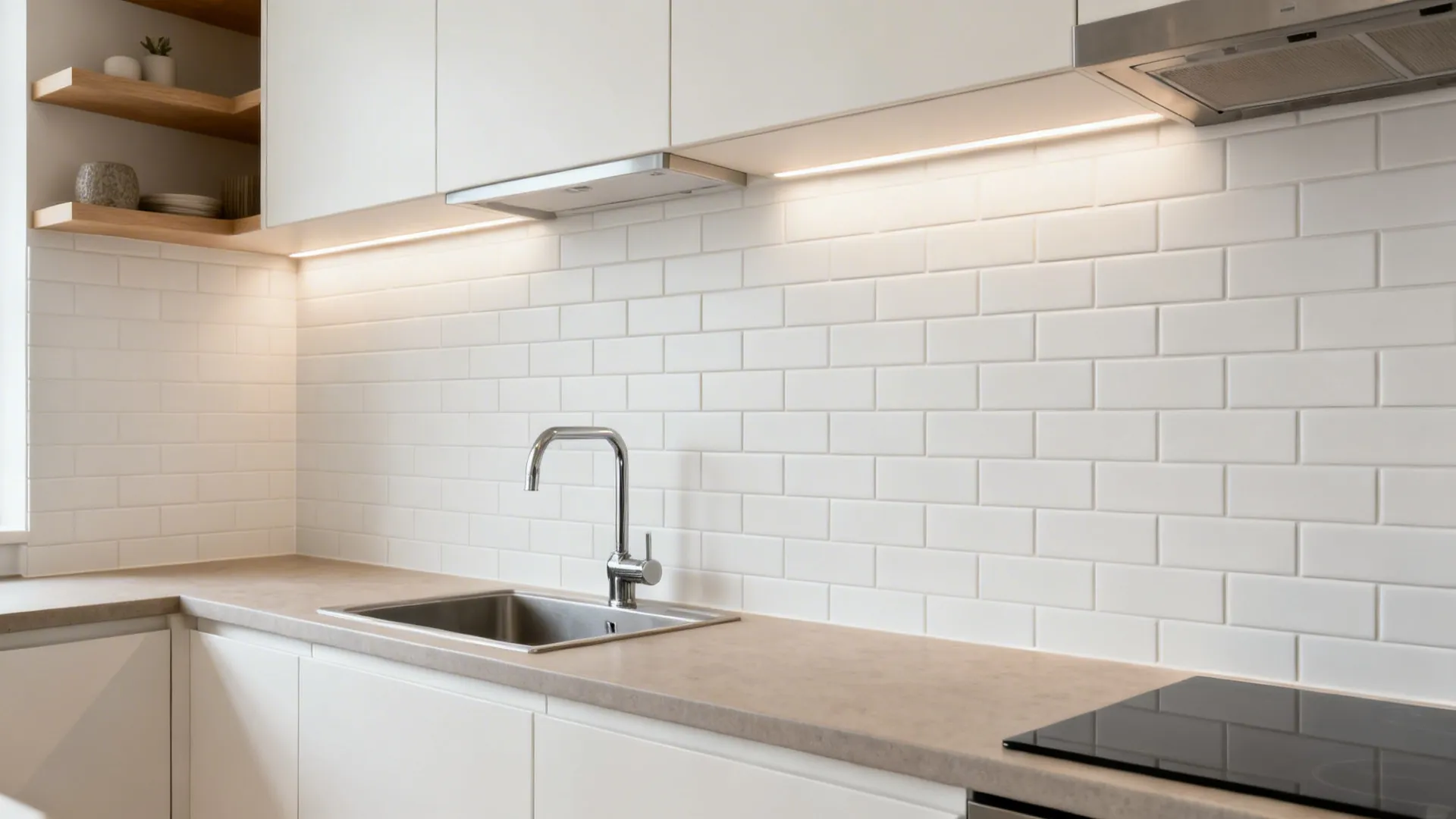 Matte white subway tile backsplash with slim color-matched grout in a small modular kitchen.