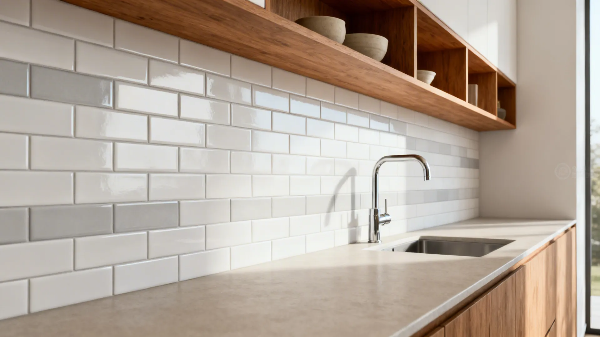 Matte white 2x8 subway tile backsplash with mid-tone grout and oak shelf.