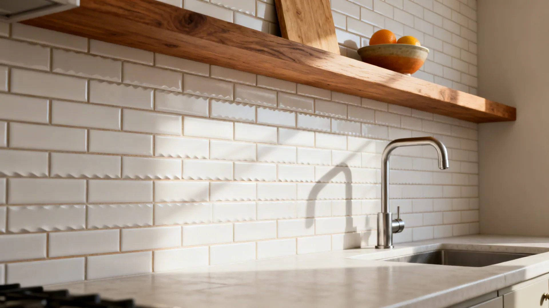 White matte subway tiles on kitchen wall with wooden shelf and silver faucet under natural light