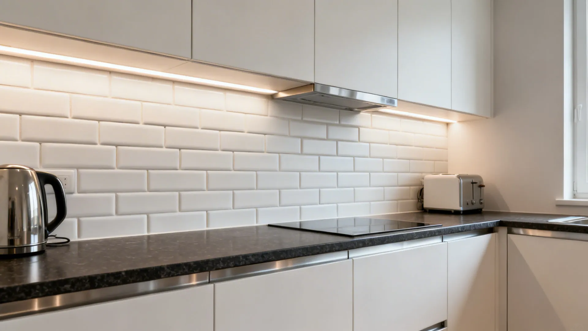 Soft-white matte subway tile backsplash in a compact galley kitchen with dark counters and warm lighting.