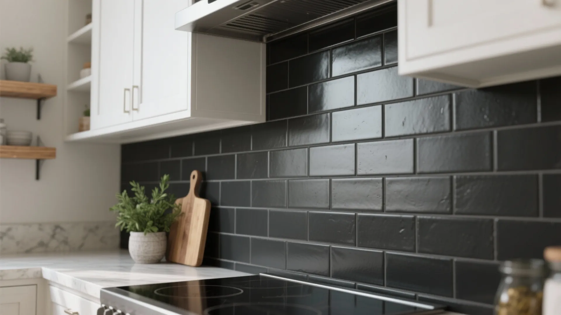 Close up view of black rectangular wall tiles behind a marble countertop and stove top